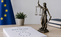 Εικόνα ΑΙ (Μια έκθεση που γράφει Rule of Law Report, ένα αγαλματίδιο της δικαιοσύνης με ζυγαριά και η σημαία της ΕΕ)